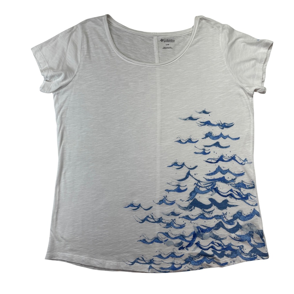 Columbia T-Shirt Women Large White Blue Ocean Wave Graphic Scoop Neck Slub Knit